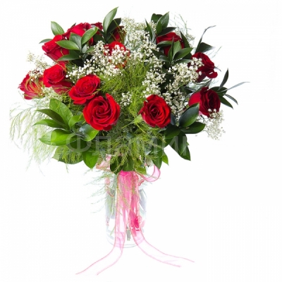 Красотка Прекрасные розы для самой красивой девушки на свете! Красные розы, гипсофила и зелень – очаровательный букет станет <a href=